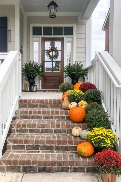 fall front porch with pumpkins and plants