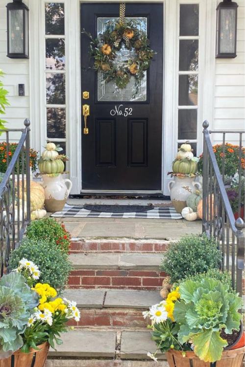 fall front porch with cabbage plants