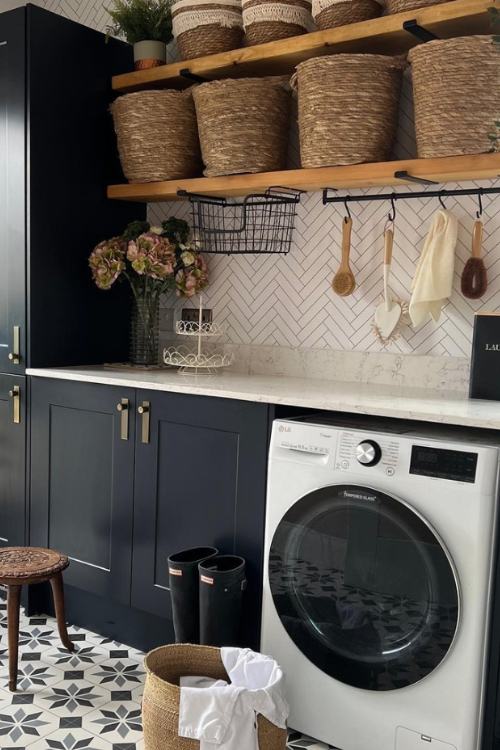 laundry room with open shelving with baskets