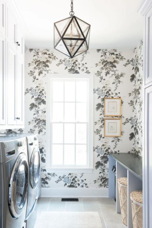 laundry room with blue and white floral wallpaper