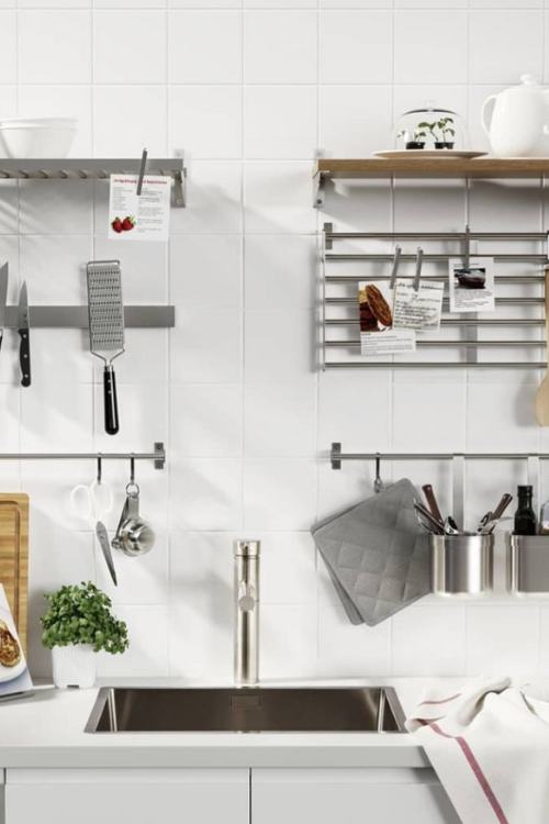 metal racks on the wall for small kitchen organization