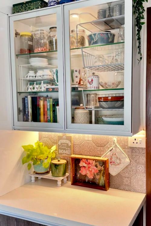 glass front cabinets organized with books, plates  and different wire shelves