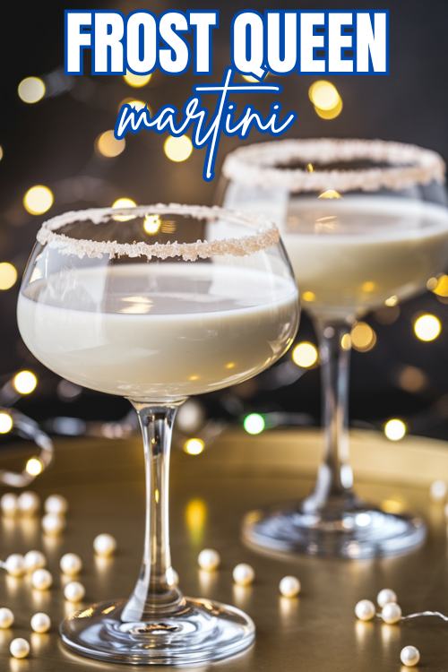 creamy white martini with in a martini glass with sugared rim