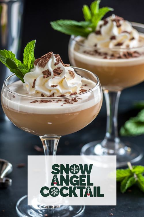 coupe glasses filled with chocolatey martini with whipped cream topping and mint and chocolate garnish