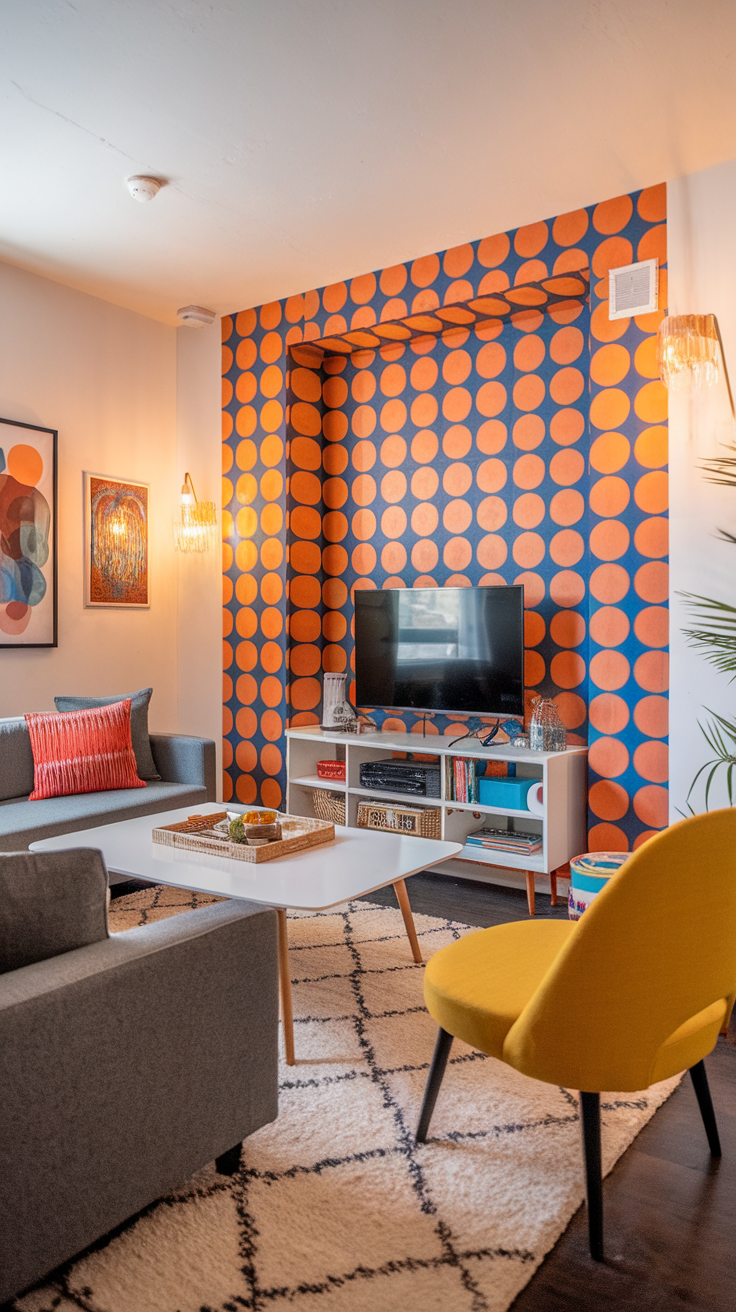 A small living room with bold wallpaper around the TV, featuring gray furniture and a yellow chair.