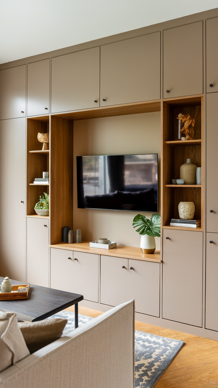 A modern living room featuring built-in cabinets with a TV and decorative items, showcasing a stylish and organized design.