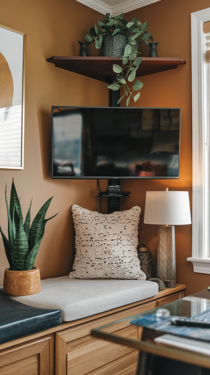 Cozy corner TV setup with wall-mounted TV, bench seating, plants, and warm decor.