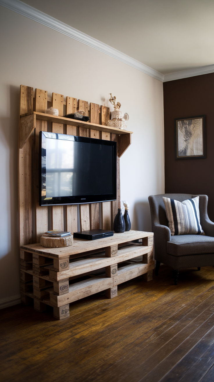 A TV stand made of wooden pallets with a TV mounted above it, showcasing a stylish living room setup.