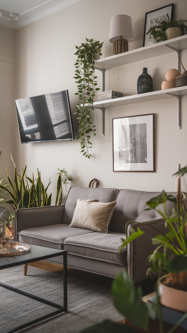 A modern living room with floating shelves, a mounted TV, and decorative plants.