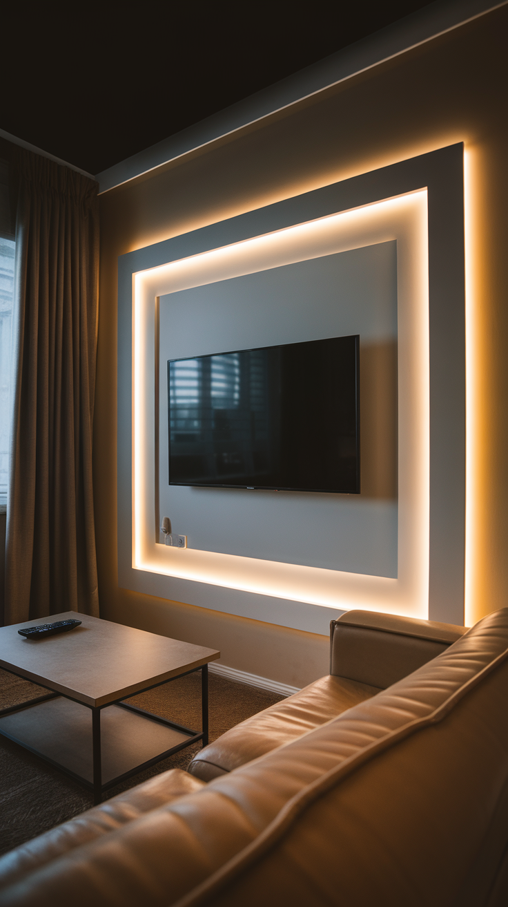 A small living room with a TV wall illuminated by integrated lighting.