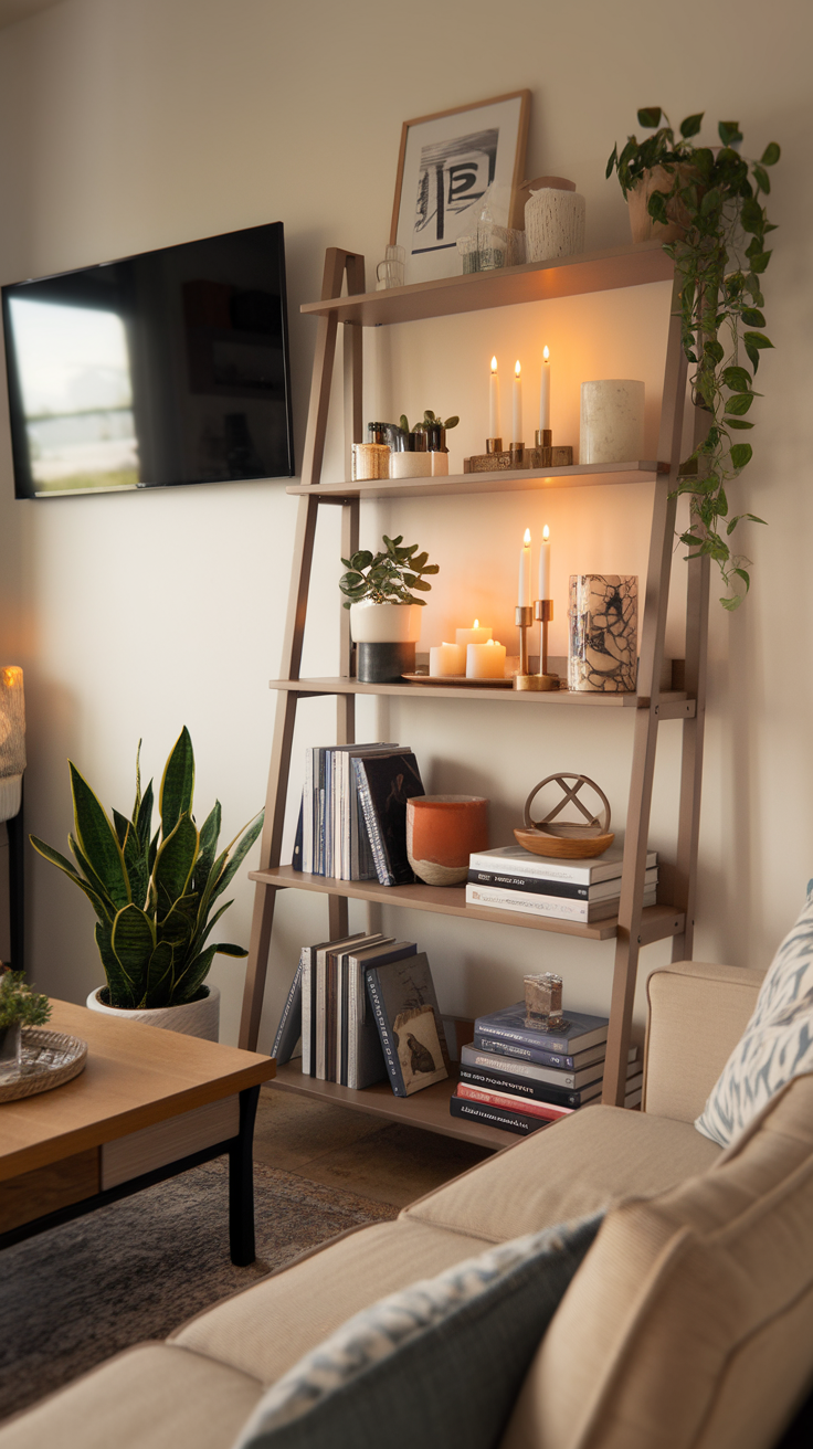 Ladder shelf with decor items next to a TV in a cozy living room