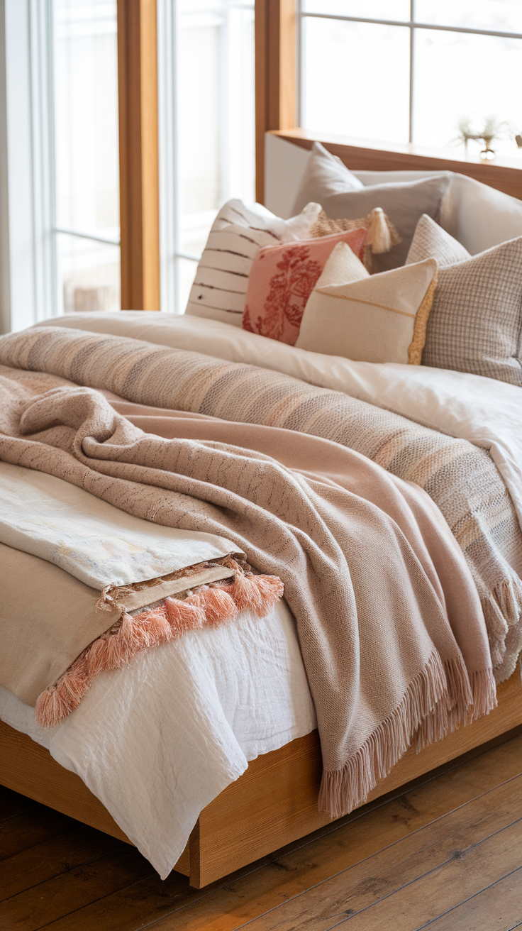 A cozy bed layered with various textiles, showcasing different patterns and colors.