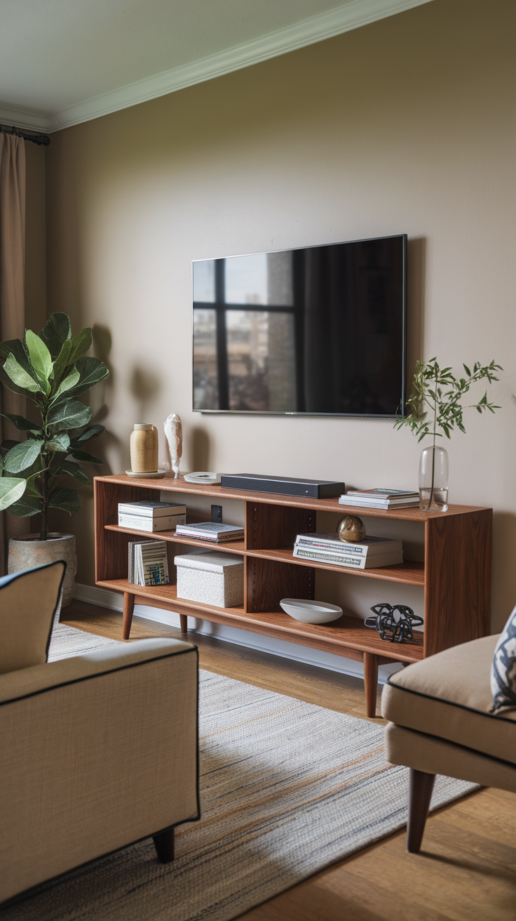 A modern media console with shelves, a mounted TV, and decorative items in a small living room.