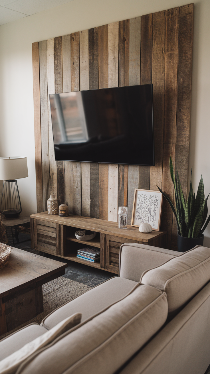 Rustic wood panel backdrop behind a TV in a cozy living room