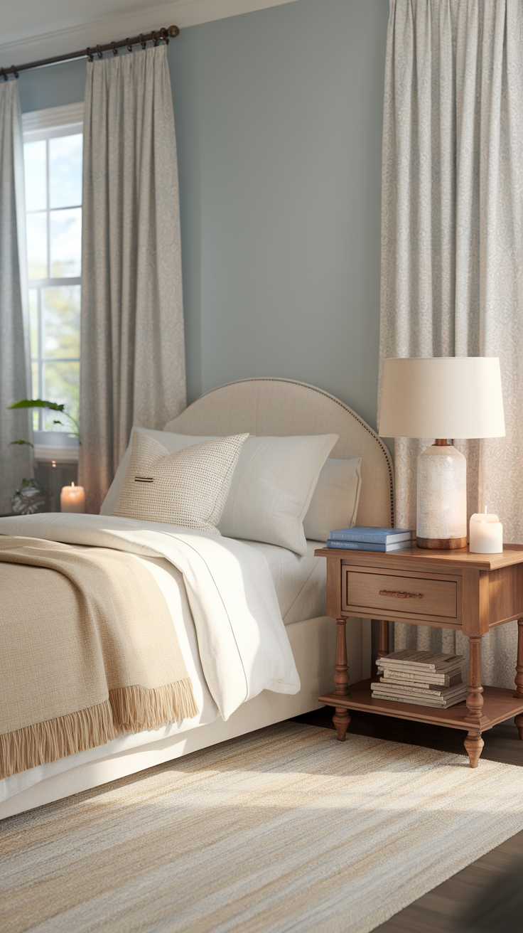 A cozy bedroom with pale blue walls, soft bedding, and a warm lamp, creating a relaxing atmosphere.