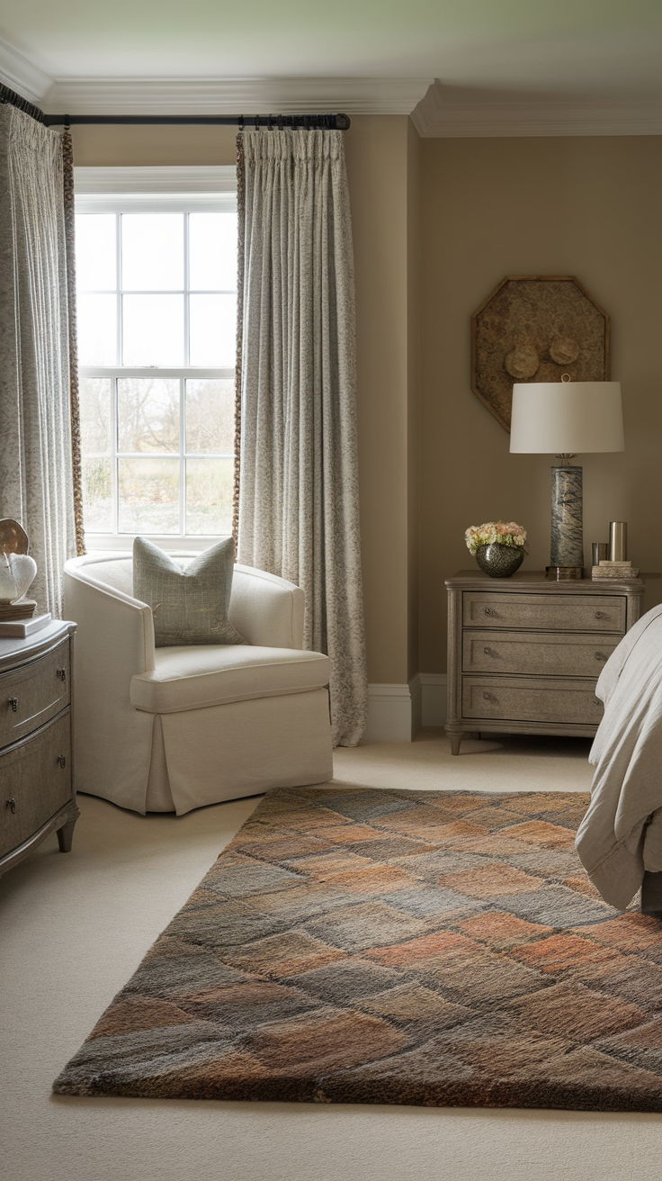 A cozy bedroom with soft flooring including a plush area rug and light-colored carpet