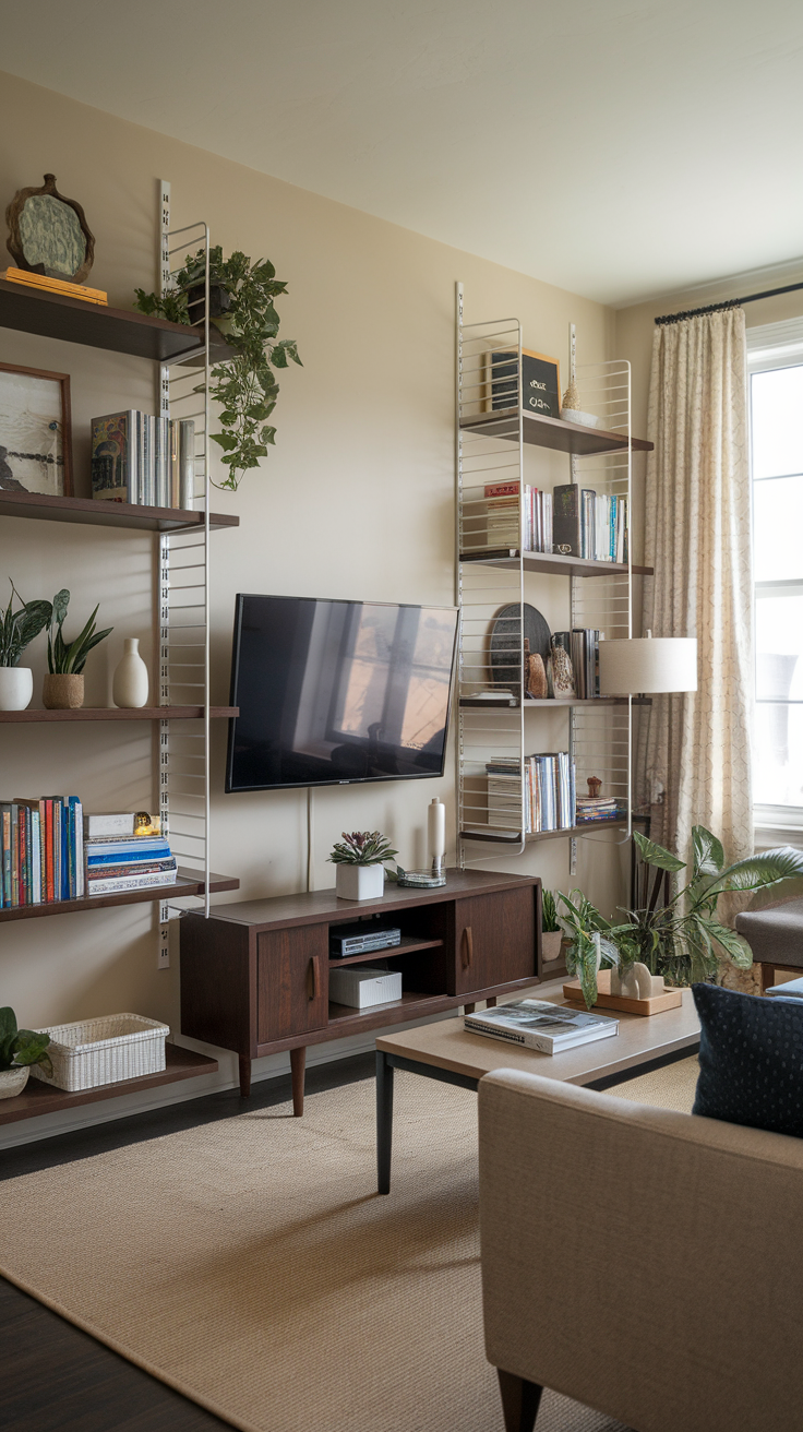 Stylish living room with vertical shelves beside a mounted TV