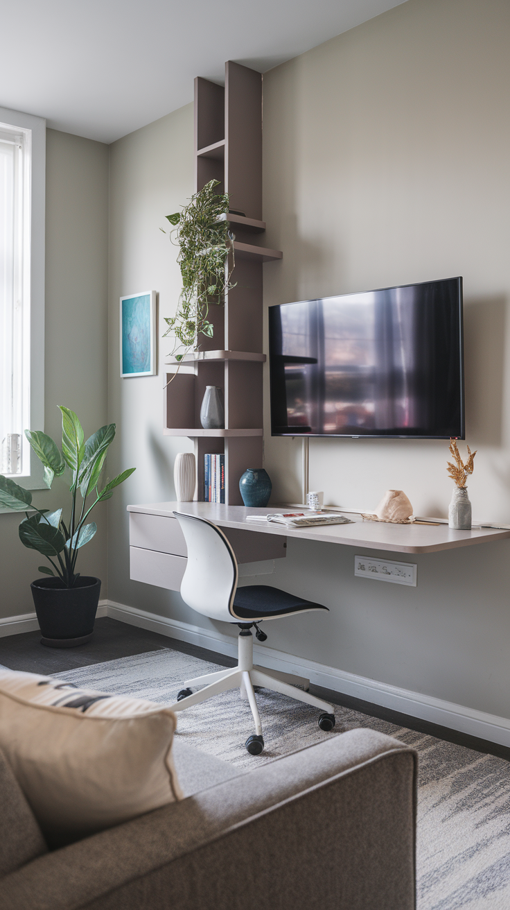 A small living room featuring a wall-mounted TV above a floating desk with decorative elements.