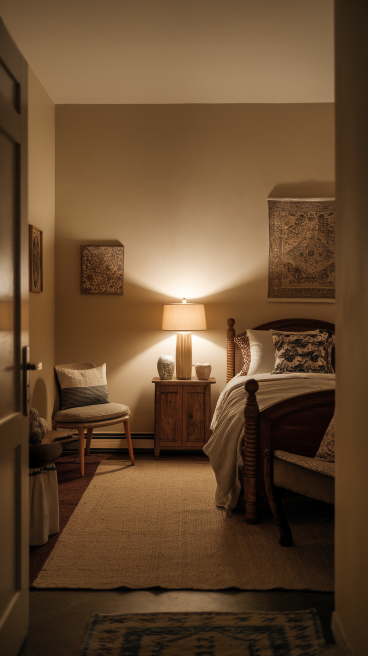 Cozy bedroom with warm lighting and simple decor