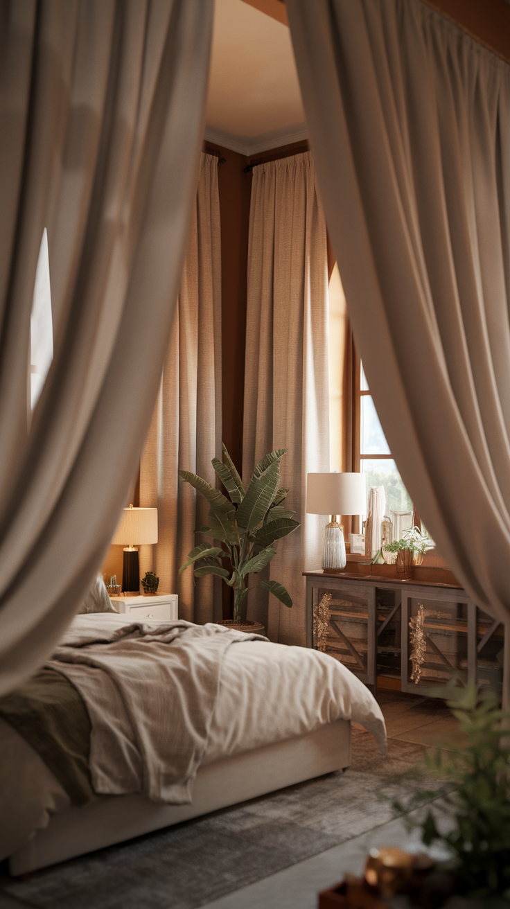 A cozy bedroom with soft curtains, warm lighting, and plants, creating a welcoming atmosphere.